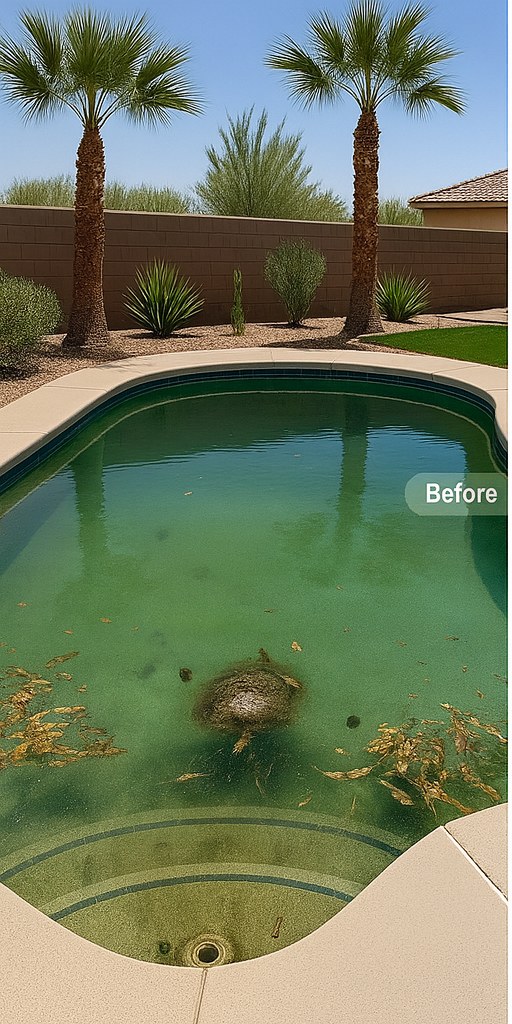 Pool before cleaning, green with leaves and debris